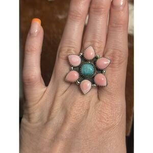 Native American SW Sterling Silver Pink Conch Blue Ridge Turquoise Cluster Ring